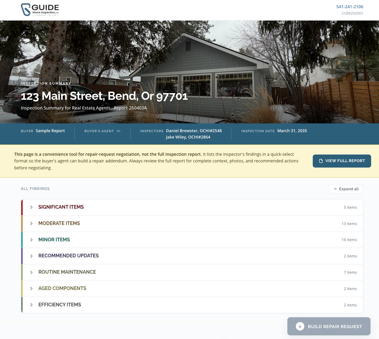 The Guide Home Inspection Agent Summary — findings sorted by priority with one-click repair request export